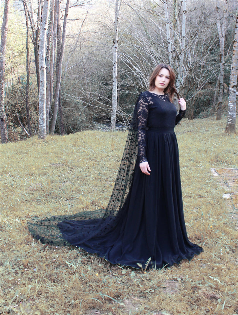 black bridal veil cape