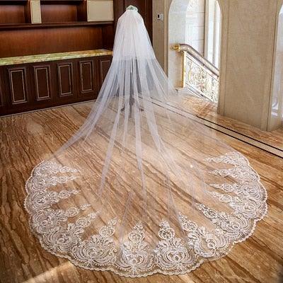 Cathedral Veil with Lace Appliques and Comb - VeilsGalore