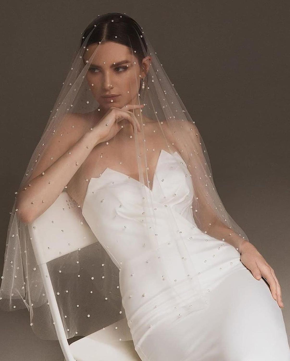 Cathedral Wedding Veil with Pearl Mantilla - VeilsGalore