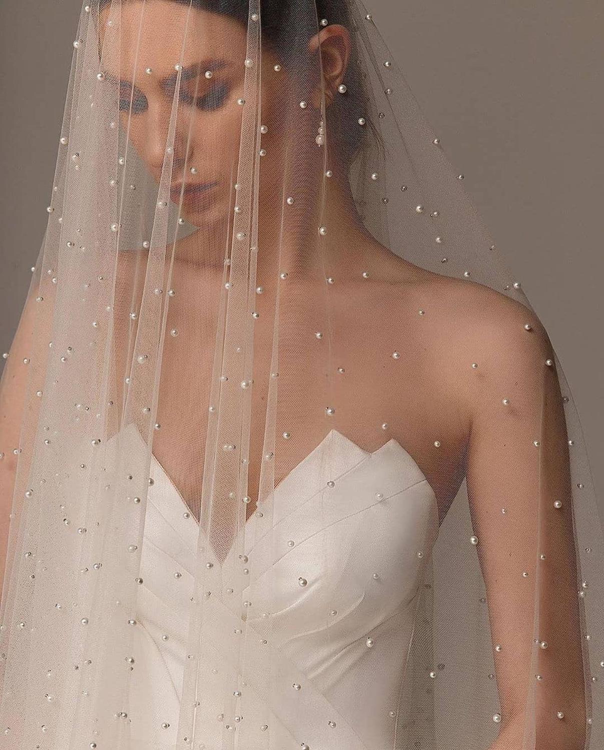 Cathedral Wedding Veil with Pearl Mantilla - VeilsGalore