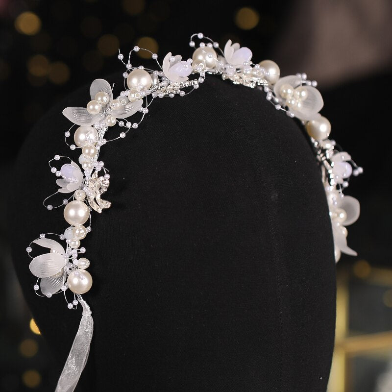 Silver & Pearl Tiara with Handmade Ribbon Jewelry VeilsGalore