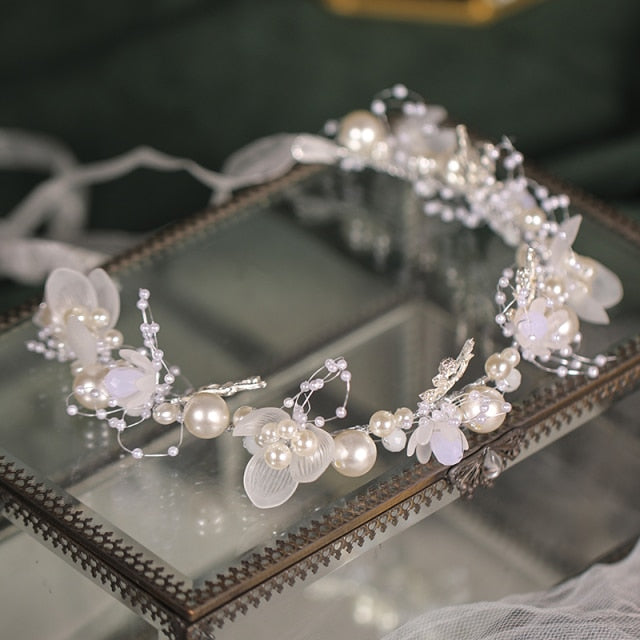 Silver & Pearl Tiara with Handmade Ribbon Jewelry
