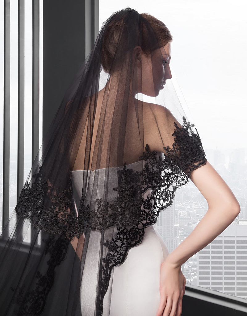 Cathedral Lace Black Wedding Veil