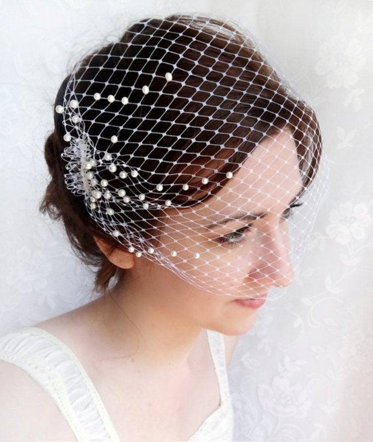 Birdcage veil with pearls - VeilsGalore