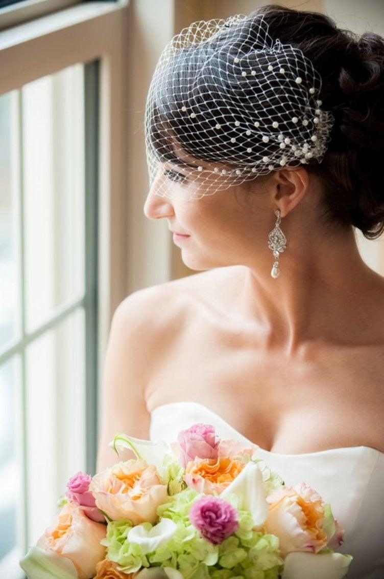 Birdcage veil with pearls - VeilsGalore